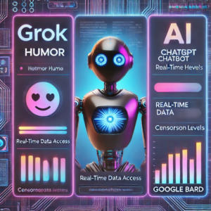 A visually appealing AI chatbot comparison chart showcasing key differences between GROK, ChatGPT, and Google Bard.