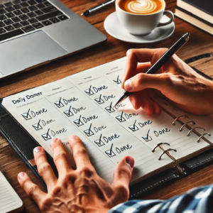 A person marking completed tasks on a planner, representing productivity.