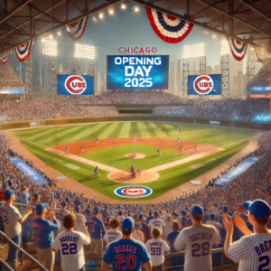 A realistic digital illustration of the Chicago Cubs 2025 season opener, featuring players in Cubs uniforms on the field, fans cheering in the stands, and stadium lights illuminating the game.
