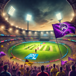 A packed cricket stadium during an IPL T20 match, with cheering fans waving team flags, floodlights shining brightly, and players actively engaged in the game.