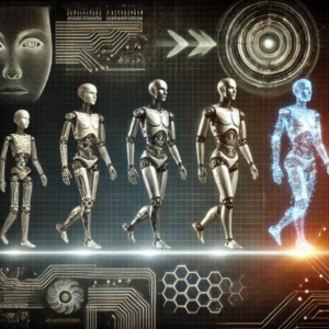 A futuristic AI model transforming from a basic artificial intelligence concept into an advanced, human-like intelligent system.