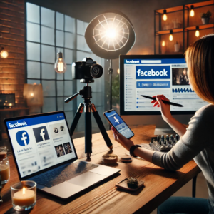 social media influencer managing a Facebook page with a laptop and smartphone