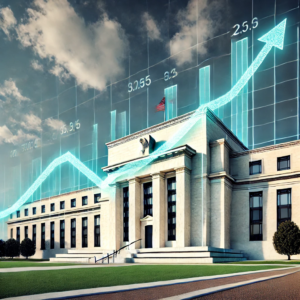 A realistic image of the Federal Reserve building with an upward-trending graph overlay, symbolizing economic growth and rising interest rates.