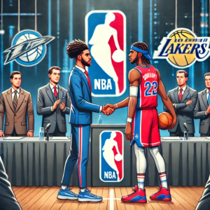 Two basketball players in different team jerseys shake hands after a major trade, with team representatives and sports agents present.