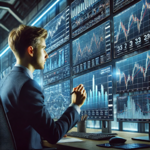 Forex trader analyzing market trends on multiple monitors