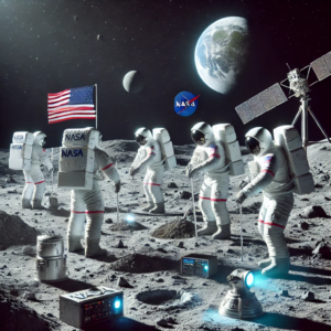 A group of NASA astronauts in futuristic space suits exploring the Moonβs surface, conducting experiments, planting a NASA flag, and using advanced equipment with Earth visible in the sky.