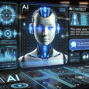 A high-tech AI chatbot interface featuring a holographic chatbot avatar, glowing circuits, and an advanced conversation screen.