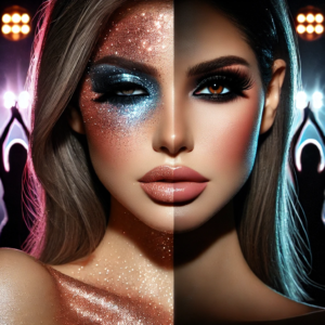 A split-face comparison: glitter gradient vs. smoky eye makeup