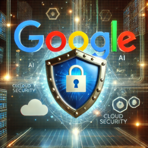 A futuristic digital illustration of Google’s logo merging with a cybersecurity shield, representing the integration of Google and Wiz to enhance cloud security.