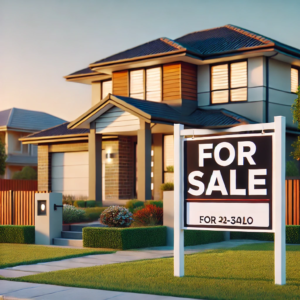 A modern suburban home with a "For Sale" sign in the front yard, featuring a stylish design, well-manicured lawn, and a welcoming entrance under a clear blue sky.