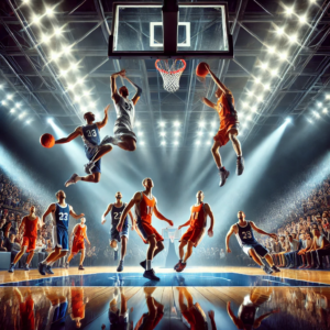 Players competing in a high-energy NBA-style basketball match, featuring a dramatic dunk attempt with defenders trying to block the shot.