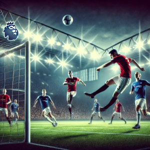 A thrilling Premier League football match with players in action, one striking the ball toward the goal while defenders attempt to block.