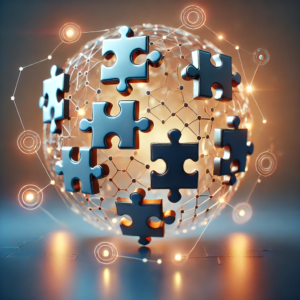 A realistic digital illustration of glowing interconnected puzzle pieces forming a complete image, symbolizing problem-solving and logical connections.