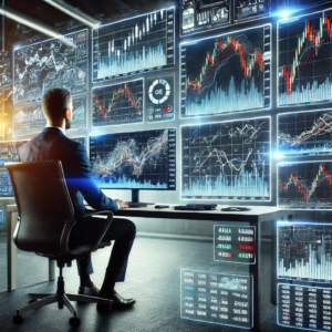 Investor analyzing stock market trends on digital screens