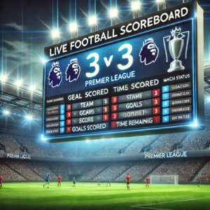 A digital football scoreboard displaying Premier League teams, match scores, and time remaining in a packed stadium.