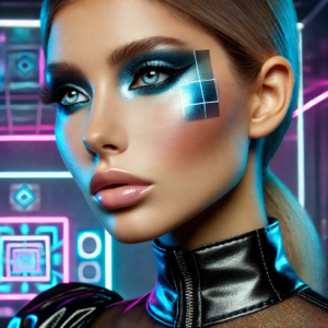 A model with futuristic metallic blue eyeshadow and holographic cheek designs