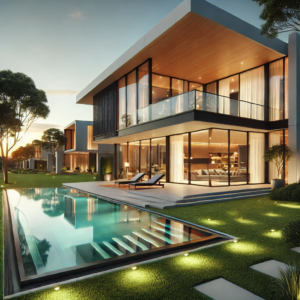 A modern luxury house featuring sleek architecture, large glass windows, a spacious lawn, and a swimming pool, illuminated by warm sunset lighting.