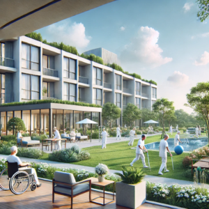 A rehabilitation center with a serene outdoor garden, walking paths, and relaxation areas.