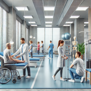 Modern medical rehab facility with doctors assisting patients in therapy sessions
