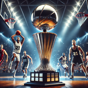 A shining championship trophy at center court as two basketball teams battle for ultimate victory in a packed stadium.