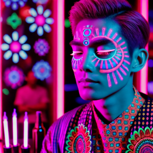 Neon pink eyeliner with UV-reactive patterns under club lighting