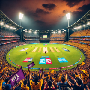 A packed cricket stadium during an IPL T20 match, with fans cheering, waving team flags, and players actively competing under bright floodlights.