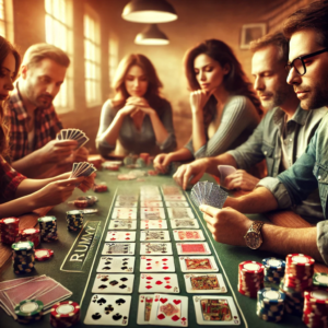 A group of people sitting around a table playing rummy, with playing cards and poker-style chips spread out. The players are focused on the game in a warm indoor setting.