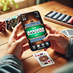A person holding a smartphone displaying a virtual rummy table, with playing cards and chips placed on a wooden table in the background.