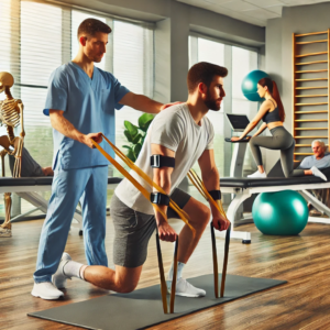 A physical therapist assisting a patient in exercises using therapy bands and parallel bars in a rehab center.