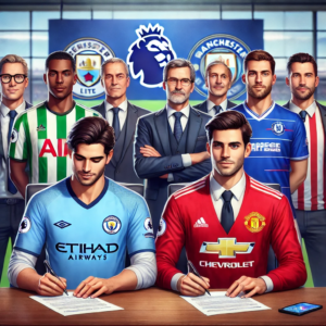 Two Premier League football players signing contracts at a press conference, with team representatives and agents present.