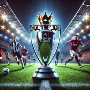 The prestigious Premier League trophy displayed at center field as two football teams compete for victory in a packed stadium.