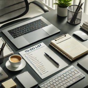 A clean and well-organized desk with a laptop and a to-do list, symbolizing efficiency.