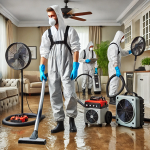 A restoration team using industrial fans and dehumidifiers to dry a water-damaged home.