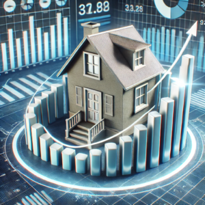 A 3D-rendered graph showing real estate investment growth over time, featuring upward-trending bars with a miniature house on top, symbolizing property value appreciation.