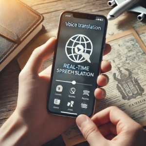 a user speaking into a smartphone with real-time voice translation appearing on the screen