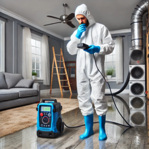 A restoration specialist assessing water damage in a flooded home using a moisture meter.