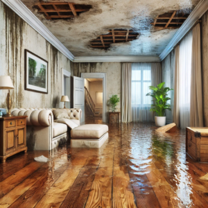 A home with severe water damage, featuring stained walls, warped floors, and standing water.