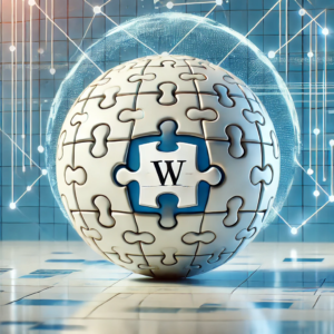 Wikipedia logo with a digital knowledge network background