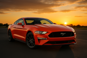 A fiery red-orange Ford Mustang parked on a dark asphalt road at sunset, highlighting the car’s aggressive lines and iconic chrome emblem against a vibrant sky.
