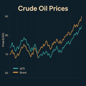 Digital graph displaying crude oil price trends for WTI and Brent crude over a six-month period with rising and falling lines.