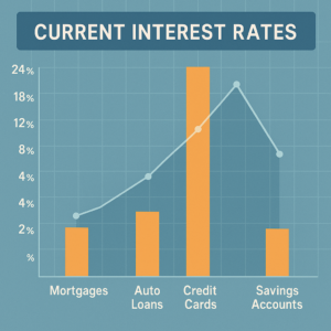 Digital chart displaying current interest rates for mortgages, auto loans, credit cards, and savings accounts, with orange bars and a blue line graph.