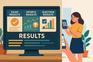 Illustration of live results dashboard including exams, sports, and election updates