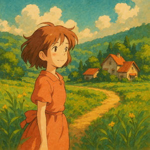 A hand-drawn anime-style illustration inspired by Studio Ghibli, featuring a young girl in an orange dress standing in a serene countryside with wildflowers, grassy fields, and rolling hills under a warm, sunlit sky.