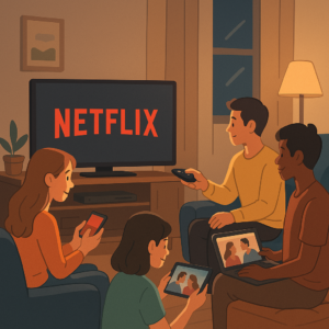 A digital illustration of people watching Netflix on various devices in a cozy home setup