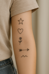 A close-up image of a small, minimalist tattoo on the inner forearm, featuring a delicate line art design.