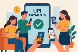 Illustration of users making UPI transactions using mobile apps