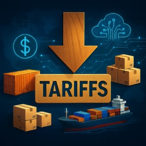 A conceptual digital illustration of trade tariffs, featuring a wooden arrow pointing to "TARIFFS" surrounded by shipping containers, a cargo ship, and a world map with glowing network lines.